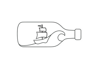 Ship in a bottle illustration with waves in minimalist style  