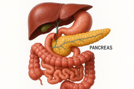 Pancreas, liver, stomach, gallbladder, and intestines are shown in detailed anatomy illustration of human digestive organs, highlighting pancreas and its connection to digestive system