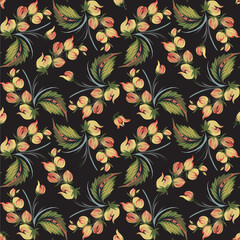 Vector floral seamless pattern from hand painted leaves, yellow flowers on a black background