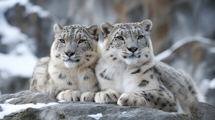 Obraz premium A pair of snow leopards resting together on a rocky outcrop, their thick fur coats blending with the snowy background