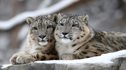 Obraz premium A pair of snow leopards resting together on a rocky outcrop, their thick fur coats blending with the snowy background