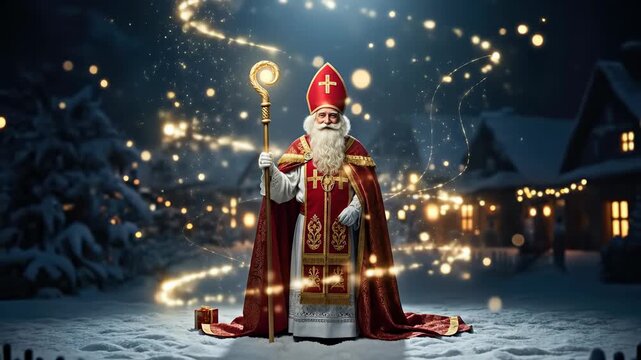 Saint Nicholas Day greeting. Winter evening celebration. Wise man with staff in snowy village, magical glowing lights, festive atmosphere, seasonal wishes.