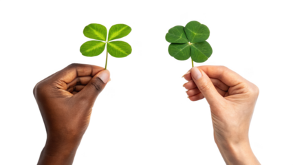 Two hands holding four leaf clovers isolated on transparent background for luck
