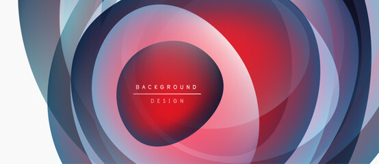 Abstract circles create dynamic visual effect. Red center draws attention, blending into cool blues, purples. Modern design element.