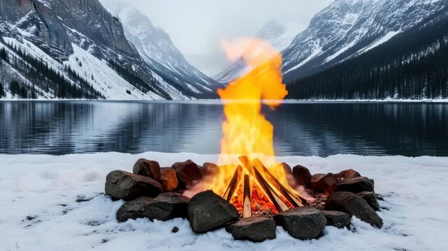 A cozy campfire crackles merrily by the serene lake, framed by majestic snowcapped mountains and towering pine trees, creating a picturesque winter wonderland scene