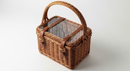 Woven Picnic Basket with Leather Straps and Clear Lid