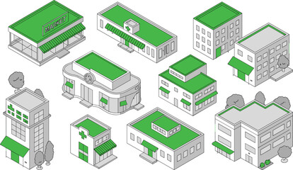 Modern isometric building vector icon set featuring a market, hospital, apartment, and shop, contemporary green and gray line art illustration for city map and business presentation design.