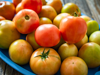 Pile of ripening tomatoes on wooden table
