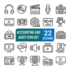 Audio Video Line Icons Set – Music, Podcast, Media Player, Radio, Song Vector Illustration