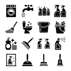Cleaning Icons Set – Washing, Housekeeping & Laundry Symbols Vector Illustration