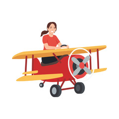 Woman Flying Small Airplane. Flat vector illustration isolated on white background