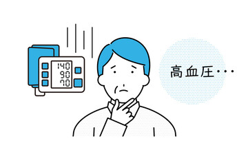 血圧計の数値が高血圧に値する状況に悩みを感じる中年の男性のイラスト