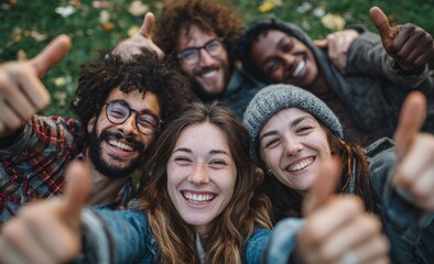 Group of diverse friends smiling and giving thumbs up while enjoying a sunny day outdoors, showcasing happiness and camaraderie in a vibrant natural setting