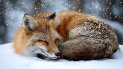A red fox curling up in the snow to sleep, with soft snowflakes drifting down gently around it