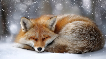Fototapeta premium A red fox curling up in the snow to sleep, with soft snowflakes drifting down gently around it