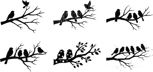 Birds sitting on tree branches, nature silhouette illustration, wildlife vector art, forest bird design, natural ecology graphic, minimal black artwork