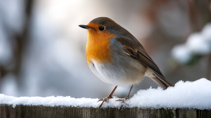 A red-breasted robin perched on a snow-covered fence, the soft winter light illuminating its feathers