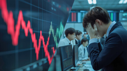 distressed trader holds his head in his hands as a red stock chart plummets, capturing the tension and anxiety of financial loss in a high-stakes market environment