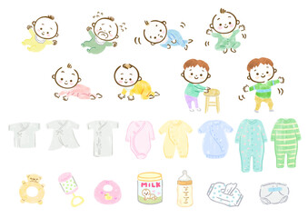 赤ちゃんの成長過程とベビー用品の手描きイラスト
