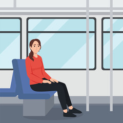 Sad Woman Sitting on Bus Seat. Flat vector illustration isolated on white background