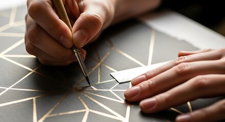 Intricate Geometric Art: Hand-Crafted Gold Lines on Dark Surface with Precision Tool