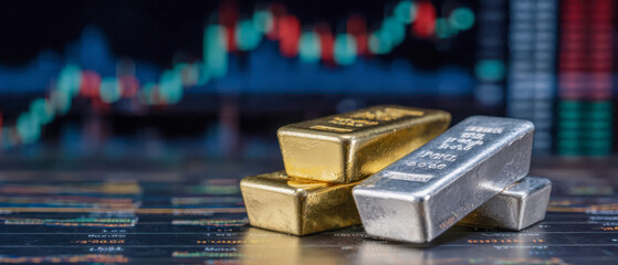 Stacked gold and silver bullion bars placed on financial charts with a blurred stock market graph in the background symbolize wealth, investment, and economic strategy
