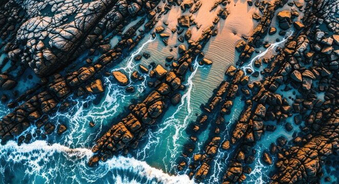 Aerial view of a rocky beach with waves crashing against the shore.