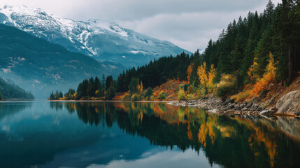 mountain lake mirrors the vibrant autumn foliage and snow-dusted peaks, blending seasonal colors with tranquil waters under a moody sky