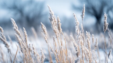 Naklejka premium Winter Grass Landscape: Frozen Meadow with Snowy Details and Icy Blue Background, Capturing Serenity