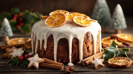 Festive Christmas Cake with White Icing and Dried Orange Slices on a Rustic Wooden Surface