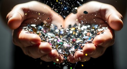 Sparkling Confetti Shower: Hands Catching Glitter Against Black Background