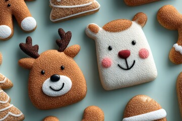 Festive gingerbread cookies shaped like a reindeer and a bear, decorated with colorful icing, arranged on a light blue background, perfect for holiday celebrations and seasonal treats