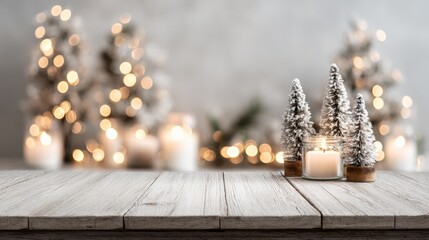 Festive Christmas Decor with Miniature Trees and Candlelight on a Wooden Tabletop, Perfect for Holiday Advertising
