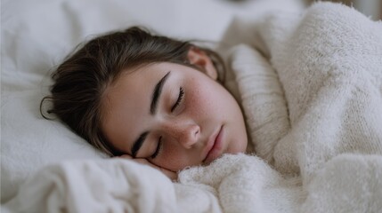 Obraz premium Caucasian female teen sleeping peacefully in cozy blanket