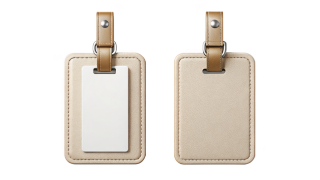 Two blank luggage tags isolated on transparent background, travel and vacation concept