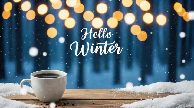A cozy winter scene featuring a cup of coffee, snow, and bokeh lights, perfect for a warm and inviting greeting card or social media post, hello winter text