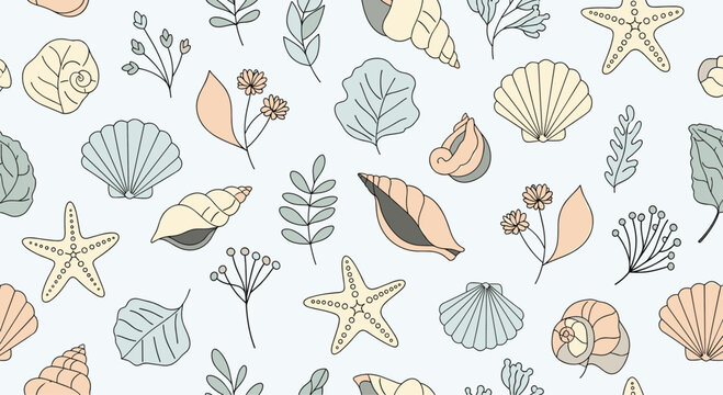 A delicate pattern of seashells leaves and starfish.