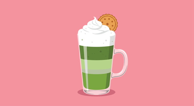 Delicious green tea latte with whipped cream and cookie topping.