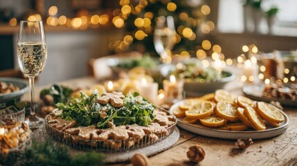Fototapeta premium Festive Holiday Table Setting with Champagne, Tart, Salad, and Warm Lighting for Celebratory Occasions