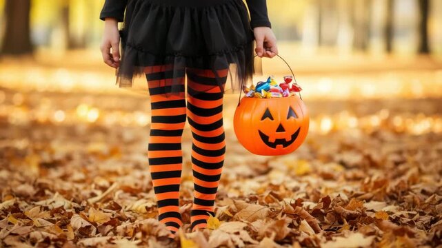A child dressed in a halloween costume stands amidst fallen leaves, holding a pumpkinshaped candy bucket filled with treats, creating a festive autumn scene