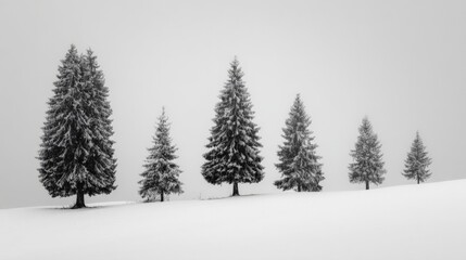 Obraz premium Snowy Evergreen Trees in a Row on a Winter Hillside, Creating a Serene and Minimalist Landscape