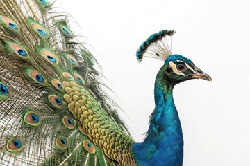 Fototapeta premium Peacock Displaying Vibrant Plumage Against a Plain Backdrop