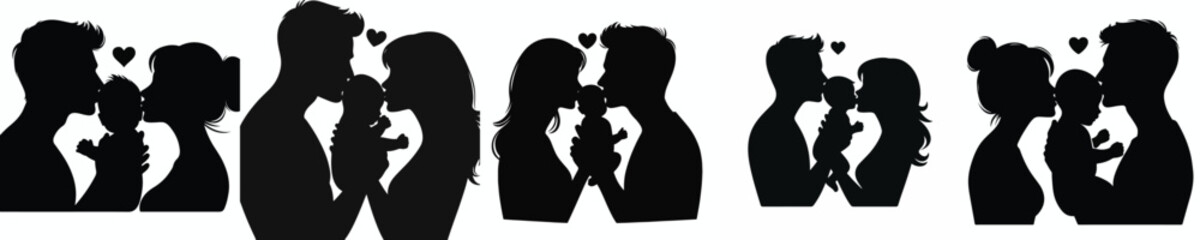 vector silhouette of parents kissing their baby