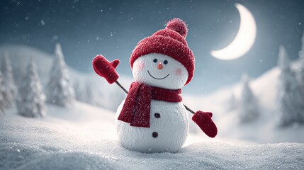 Fototapeta premium Festive Snowman Illustration with Red Accessories Under a Crescent Moon in a Wintery Landscape