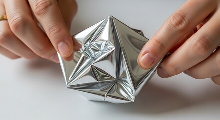 Hands Holding Silver Origami Ball with Geometric Folds and Reflections