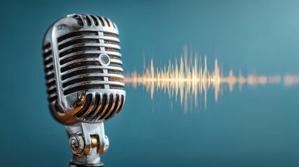 Stylized audio waveform with vintage microphone