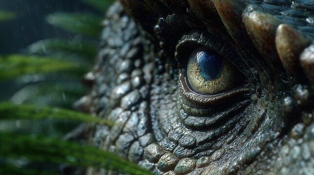 Close-up of a dinosaur eye in lush green jungle