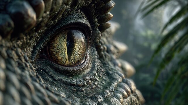 Close-up of a dinosaur eye in lush green jungle - Powered by Adobe