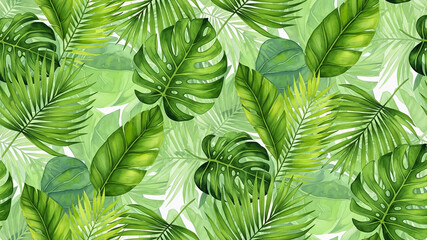 Seamless Watercolor Tropical Jungle Leaf Pattern Background