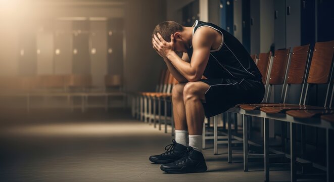 Young caucasian male basketball player sitting in locker room reflecting